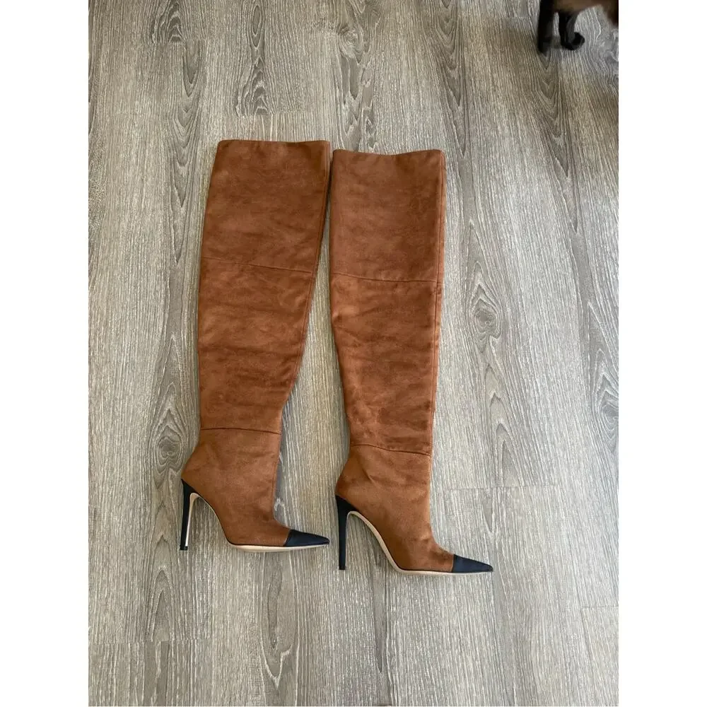 Good American Tan Over the Knee Slouch Boots Sz 7.5 Pointed Toe Stiletto NWOT